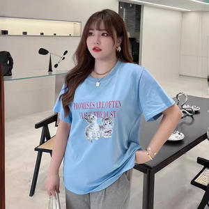 Runqi N8375 T-shirt ample à imprimé chat pour femme grande taille, manches courtes, tissu jersey, bleu - Product Image 4