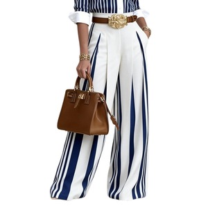Nuovi <span class=keywords><strong>Pantaloni</strong></span> Estivi 2026 a Gamba Larga a Righe Verticali, Stile Francese Chic, Vita Alta, Drappeggiati, <span class=keywords><strong>Eleganti</strong></span> <span class=keywords><strong>Blu</strong></span> e Bianchi - Product Image 5