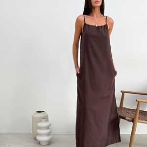 Vestido Maxi <span class=keywords><strong>Afina</strong></span> OEM ODM, Mezcla de Algodón y Lino, Lazos Ajustables - Product Image 2