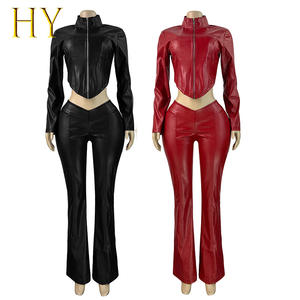 Nuovo Arrivo: Completo Donna in Ecopelle, Giacca con Zip e Pantaloni a Zampa a V, <span class=keywords><strong>Set</strong></span> Due Pezzi Casual - Product Image 3