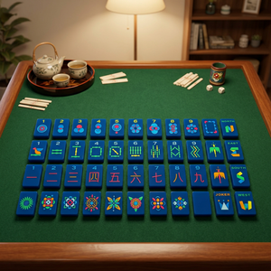 Juego de Mahjong Minimalista de Plástico, Caja Azul Portátil con Fichas y Libro de Reglas para 4 Jugadores - Product Image 1