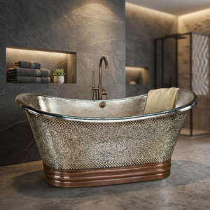 Baignoire rectangulaire autoportante en cuivre martelé avec base à rebord, écologique, durable, design classique, transformez votre expérience de bain - Product Image 4