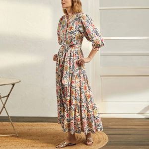All'ingrosso manica a sbuffo lunga lunga estate abiti stampati in tessuto di Rayon di <span class=keywords><strong>cotone</strong></span> personalizzati abiti Boho da donna di alta qualità - Product Image 4