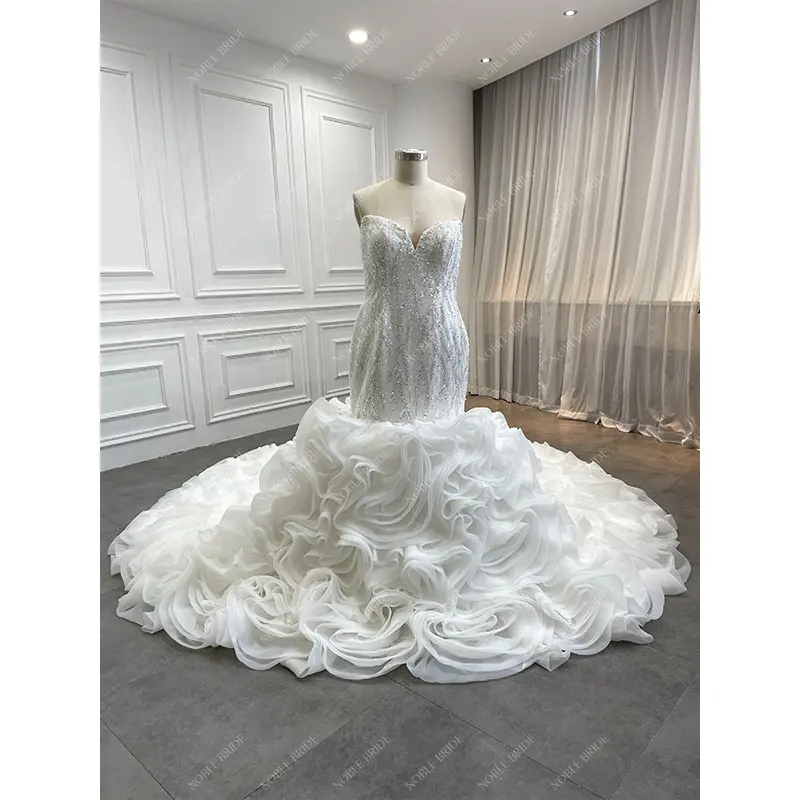 Wholesale African Women Luxury Beading Lace Fabric Ruffles Wedding Dresses Bespoke Nigerian Black Girls Mermaid Bridal Gowns