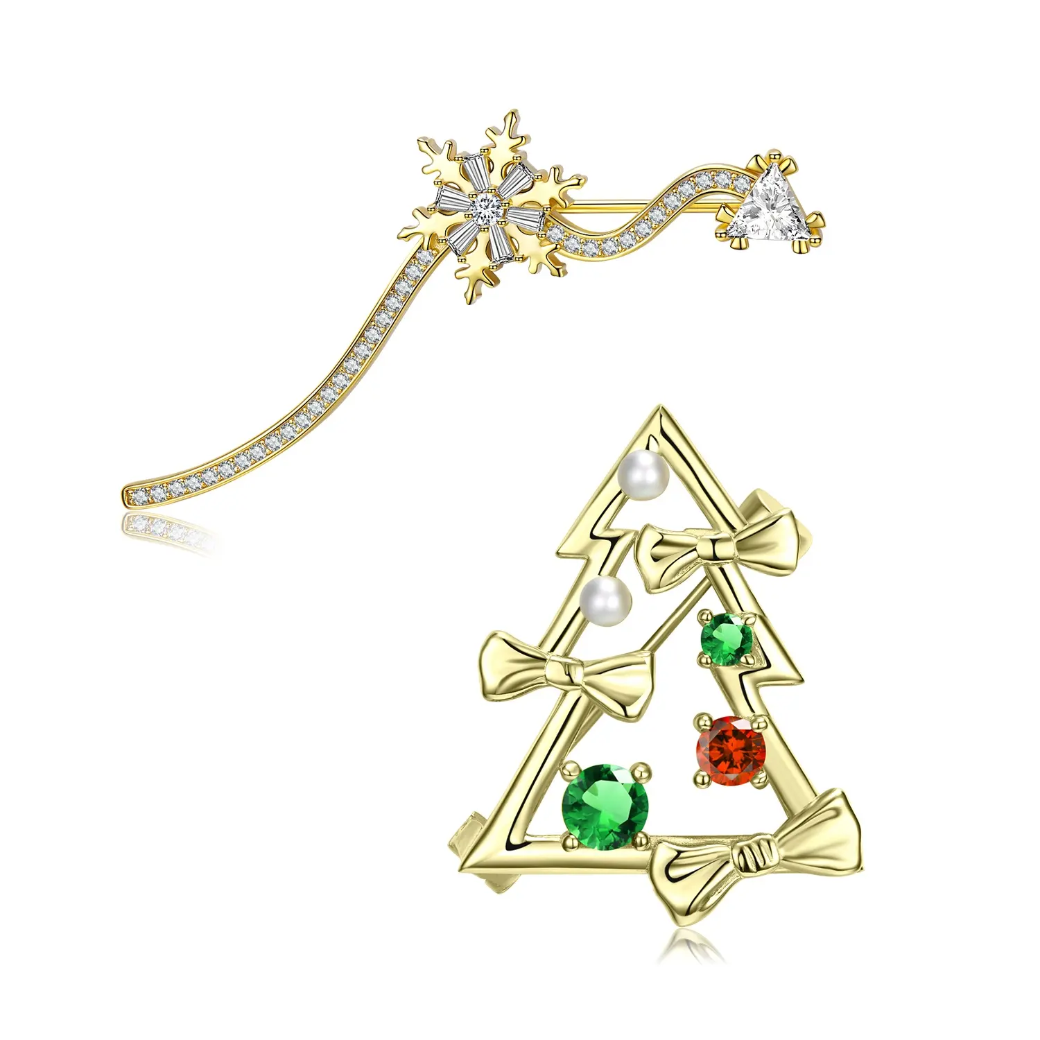 Broche de árbol de Navidad de perlas para mujer, broche de copo de nieve de Plata de Ley 925 Original con circonia brillante, joyería chapada en oro