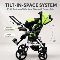 Fauteuil roulant pédiatrique ergonomique inclinable et multi-ajustable, poussette CP avec siège inclinable et harnais de sécurité pour enfants