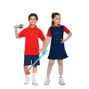 Nieuwste Ontwerp Beste Kwaliteit Denim Uniform Voor Kinderen Jongens Tshirt Met Denim Halve Broek/Meisjes Tshirt Met Denim Pinafore Set
