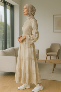 Yxd029 Thanh Lịch Màu Be Phong Cách Hồi Giáo Dài Ăn Mặc Làm Bằng Tay Bông Ren Chi Tiết Phồng Tay Áo Chống-Tĩnh Không Tua Khăn Choàng Phù Hợp Với - Product Image 4