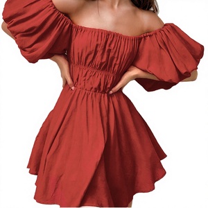 Vestido Mini de Verano Casual Rojo con Hombros Descubiertos, Mangas Abullonadas, Corte en A, Color Sólido, Cintura Elástica y Ajuste Holgado para Mujer - Product Image 2