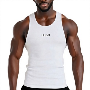 <b>Men's</b> <b>White</b> Ribbed Tank Top O-Neck Solid Color Casual Sleeveless <b>Vest</b> Front Logo Print Muscle Fit Gym Wear - Product Image 1