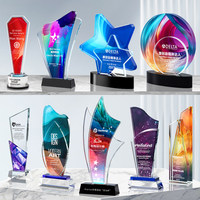 Trophée en cristal personnalisé avec logo, forme flamme, impression UV, base noire, plaque de reconnaissance d'entreprise personnalisée, vente en gros