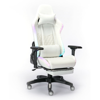 Chaise de jeu en cuir blanc avec LED RGB, hauteur réglable, base pivotante électrique, matériau PU, utilisation au bureau