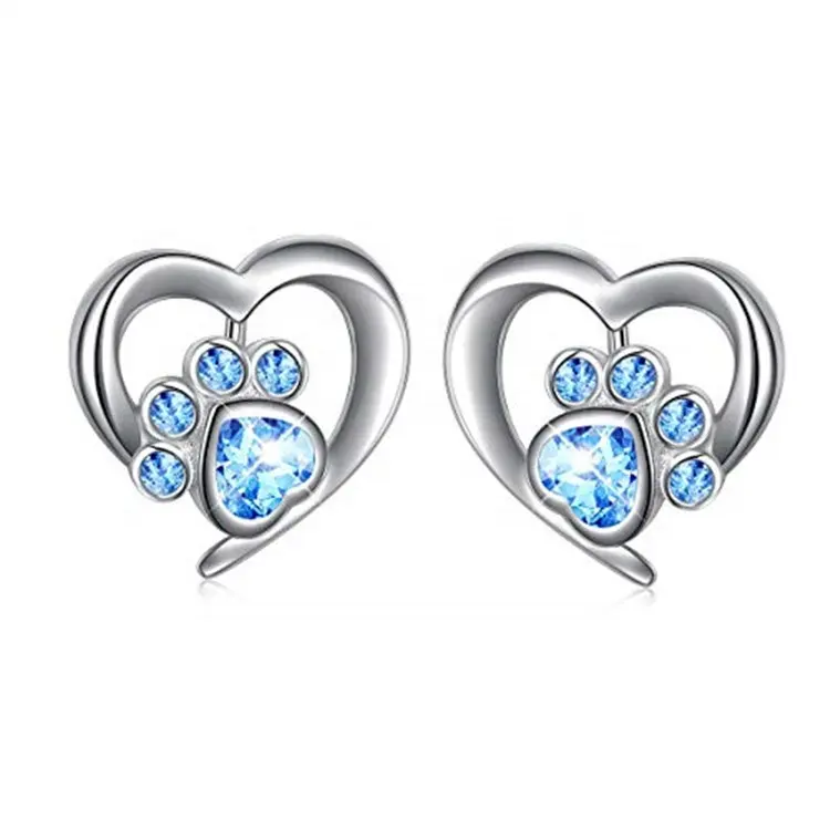 2024 kostenloser Versand Schmuck kreativer Hundestapet-Stift-Ohrring blau Zirkon 925 Sterling-Silberherz Katzenpfoten-Ohrring für Gilr
