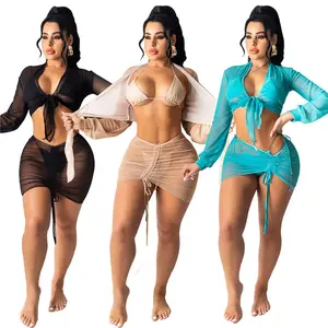 Set Bikini a rete 4 pezzi per costume da bagno da donna costumi da bagno Sexy trasparenti copri costume da bagno abito da spiaggia