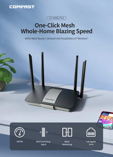 One-Click Mesh Whole-Home WiFi6 Router with 5G up to 2167Mbps 3 LAN Ports 4 External Antennas