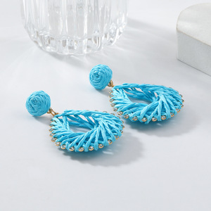 Đầy Màu sắc Raffia cỏ dệt Rhinestone kim loại Waterdrop bông tai bohemian mây dệt Bold tuyên bố dangle Bông tai - Product Image 3