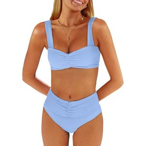 FOXA Women's Bikini Set Ribbed <b>Tummy</b> <b>Control</b> Mid Waist Bandeau Swimwear 2 Piece Beachwear - Product Image 1