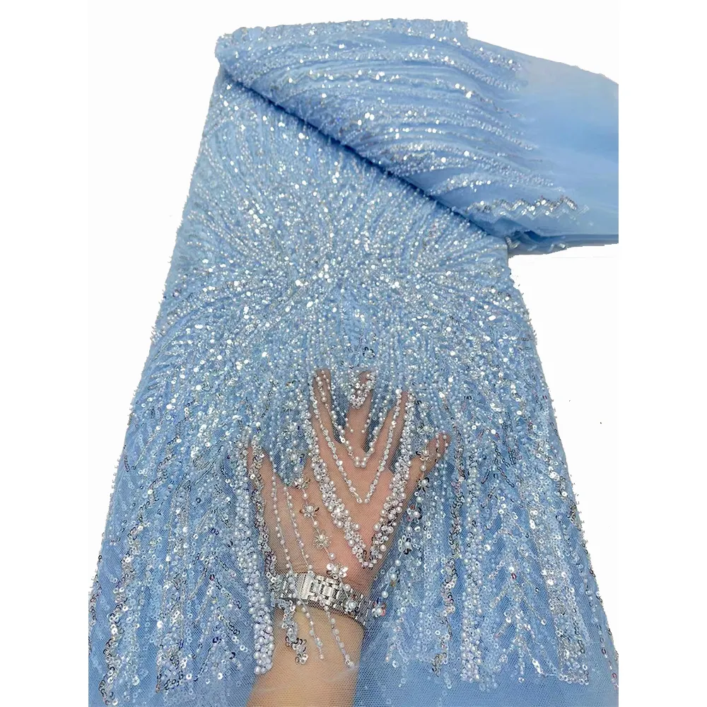 NI.AI nouveau Design perlé et paillettes Net dentelle robe de mariée couleur bleue perles dentelle tissu pour les femmes robe de soirée