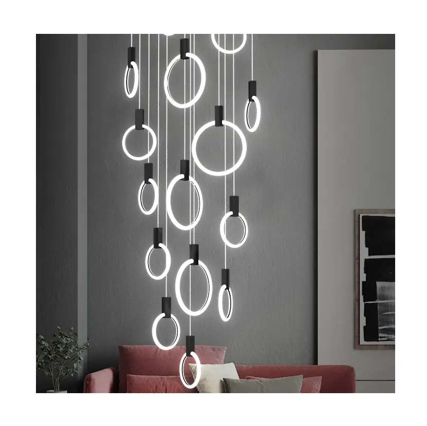 Home decoration nordic acrylic hanging small led ring shape pendant lamp high ceiling chandelier