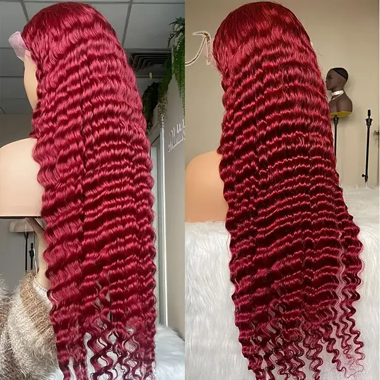 13X4 Deep Curly Lace Frontal Wig Transparent 99J Burgundy 360 Full Lace Front Wigs Red Colored Hd Deep Wave Human Hair Wigs