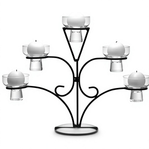 Black Iron 5 Arm Candelabra Tree Candle <b>Holder</b> Stand with <b>Glass</b> Votive Cups for Home Decor - Product Image 1