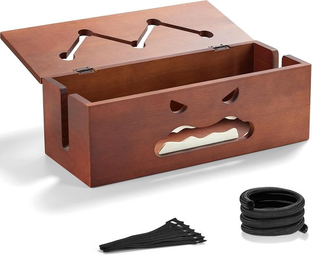 Polished Wood Cable Management Box Tidy for Home Office Cable Storage of Power Adapters and Cables