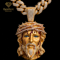 Pendentif Jésus en Argent Sterling 925 Moissanite Luxe Iced Out, entièrement pavé, 3D Goutte de Sang Couronne d'épines, style Hip Hop pour Hommes Streetwear