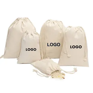 Bolsa de Algodón Muselina Orgánica Ecológica Personalizada, Bolsa Pequeña de Tela Calicó Blanca con Cordón y Logotipo con Patrón de Letras Impreso - Product Image 4
