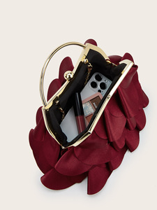 Bolso de Noche Multicapa Color Vino Tinto con Pétalos, Cadena de Metal, Bolso de Mano para Novia, Vestido Formal, Cartera Floral - Product Image 4