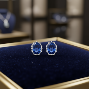 Pendientes de Zafiro Azul E4626 con Engaste de Oro Blanco en Forma de Flor, Joyería Fina Clásica para Mujer - Product Image 2