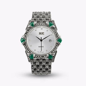 นาฬิกาควอตซ์สําหรับผู้หญิง 925 เงินสเตอร์ลิงปูสีเขียวนิล Marcasite เครื่องประดับเงินหรูหรานาฬิกาข้อมือ - Product Image 2