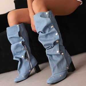 Metal Rivets Loose Pleated Upper Shoes Chunky Heels Square Toe Denim Long <b>Boots</b> Women's Big Size 48 Wide Fit Knee High Booties - Product Image 3