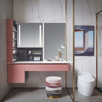 Meuble-lavabo mural moderne rose en bois massif/acier inoxydable/MDF, résistant à l'eau, avec éclairage LED, pour salle de bain/coiffeuse - Vente en gros