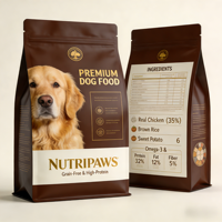 Sacs d'emballage personnalisables, imprimables, en PE de qualité alimentaire, à fond plat avec fermetures éclair, adaptés pour la nourriture pour chiens, la nourriture pour chats et les friandises pour animaux de compagnie.