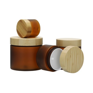 Tarro cosmético esmerilado para mascotas 50g 150g 250g <span class=keywords><strong>500G</strong></span> 8 <span class=keywords><strong>Oz</strong></span> Scrub marrón ámbar tarro de mantequilla corporal con tapa de madera de bambú - Product Image 2