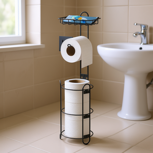 Porte-papier toilette avec étagère, accessoire de salle de bain en métal sur pied, design moderne, forme ronde, style contemporain - Product Image 2