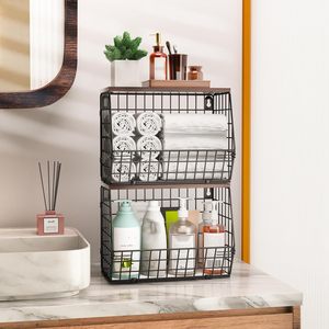 Panier métallique de rangement empilable moyen pour fruits et oignons avec couvercle en bois, étagère murale à plusieurs niveaux pour organisateurs de cuisine - Product Image 5