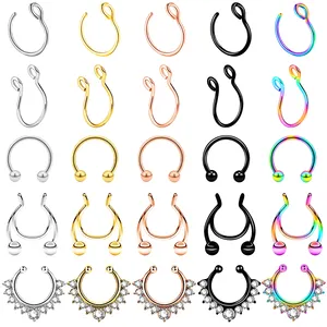 2024 custom stainless steel dangle clip on cuff non piercing magnetic faux cute nose septum hoop nostril ring stud cuffs jewelry