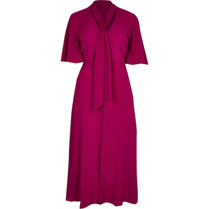 Vestido Midi Elegante de Gasa para Mujer, Color Morado, Cuello de Corbata, Manga con Vuelo, Abertura en el Dobladillo - Product Image 6