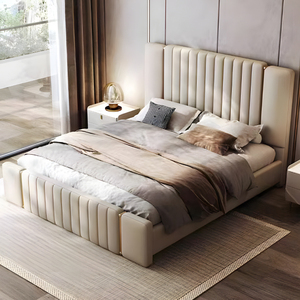 סגנון איטלקי אור עור יוקרתי מיטה זוגית מודרנית המלכה גודל מסגרת עץ - Product Image 4