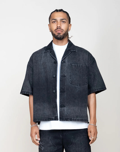Heren Korte Mouw Denim Jeans Shirt Meest Comfortabele Knoopsluiting Shirt Heren Met Goedkope Prijs Zuur Gewassen Vintage Shirt - Product Image 5