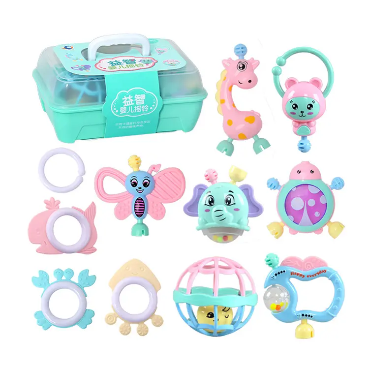 Hot selling new born gift storage box infant teether rattles toy newborn 12 10 6 month rattle set baby toys