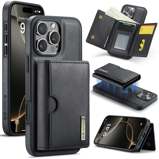 RFID Blocking Cloth Magnetic Tri-pod Wallet Detachable 2 in 1 Protective PU Leather Phone Case for iPhone 16 15 14 13 12 Pro