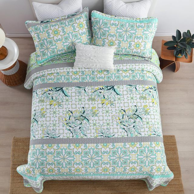 Bedding 3 Piece Set Sage Green Floral 100% Cotton Queen Quilt Bed Spread Coverlet Set