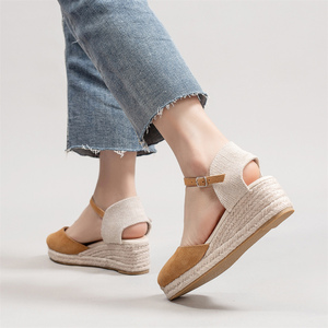 <span class=keywords><strong>Sandales</strong></span> d'été <span class=keywords><strong>compensées</strong></span> pour femmes en daim beige à bout fermé, avec bride de cheville et boucle, style espadrilles tressées - Product Image 6