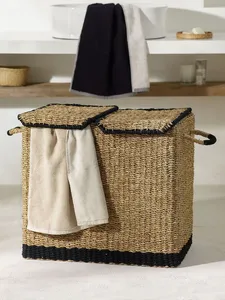Bohemian Monochrome Seagrass Sorter <b>Laundry</b> <b>Basket</b> <b>Wicker</b> Seagrass Rectangle <b>Laundry</b> <b>Basket</b> With Black Line Home Organization - Product Image 3