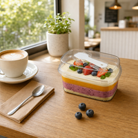 Boîte à dessert rectangulaire transparente en PET jetable avec cuillère en plastique intégrée, impression personnalisée, modèle GY-092 pour mousse, tiramisu, gâteau en couches