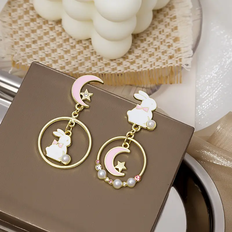 Mädchen koreanische Emaille Monds tern süße Alice Ohrring täglichen Schmuck Geschenk Silber Nadel Cartoon niedlichen asymmetrischen Kaninchen Ohrringe