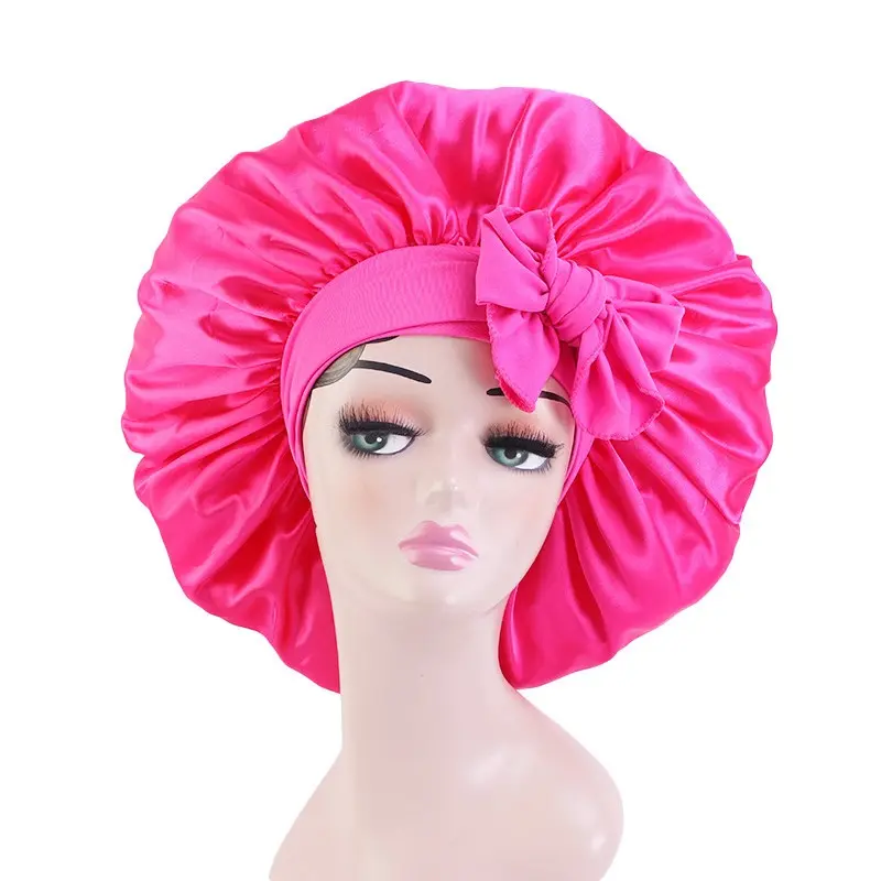 Free Logo Large Long Braid Satin Hair Bonnets Silk Bonnet with Tie Edge Band Adjustable Night Sleep Shower Bonnet