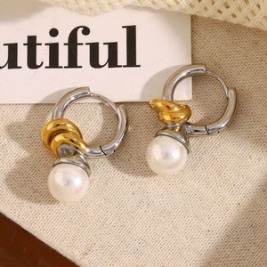European American Style French Retro 18K Gold Plated Stainless Steel <b>Knotted</b> Heart Pearl Hoop <b>Earrings</b> Fine Jewelry - Product Image 5